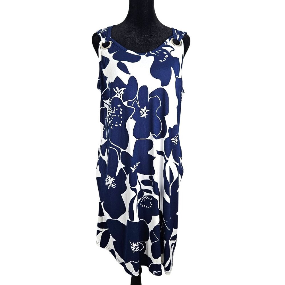 Womens Size Large Tropical Sleeveless Navy/White Floral Dress Ring Detail